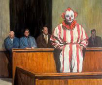 A watercolor painting depicts a surreal courtroom scene where a solemn clown in red and white stripes stands at the witness stand, surrounded by grim-faced onlookers and jurors, creating a powerful contrast between absurdity and gravity.