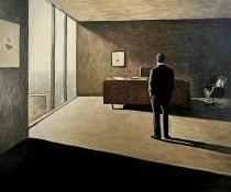 A watercolor painting of a solitary man in a dark suit stands in a dimly lit office, his back to the viewer, as stark contrasts of light and shadow create a melancholic, introspective atmosphere.