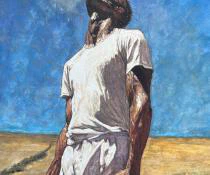 This watercolor painting depicts a tennis player standing in a sunlit field, gazing upward into the bright blue sky with a sense of defeat and disappointment.