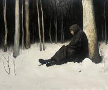 A watercolor painting of a lone, hooded figure sits against a tree in a dark, snow-covered forest, evoking a sense of solitude and introspection.