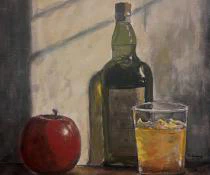 A warmly lit still life of a red apple, green whiskey bottle, and glass of amber liquor, capturing the quiet elegance of light and shadow.