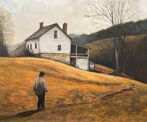 This watercolor painting depicts a solitary figure walking toward a rustic white farmhouse, set against a backdrop of rolling hills and bare trees under a soft, muted sky.