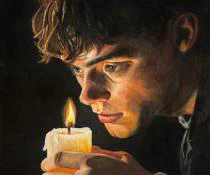 A young man gazes intently at a flickering candle, his face illuminated by its warm glow in a powerful study of light, focus, and introspection.