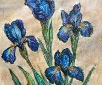 A oil pastel painting portraying iris flowers