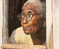 This watercolor painting portrays an elderly woman with expressive eyes and glasses, gazing thoughtfully out of a weathered wooden window frame.