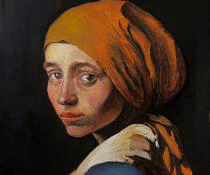 This striking gouache painting reimagines Vermeer’s iconic Girl with a Pearl Earring with a bold orange headscarf, rich textures, and expressive brushwork that brings a modern intensity to the classical pose.