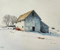 This painting by Ben Young features a weathered barn standing as a silent sentinel amidst a vast, snow-covered landscape, captured in soft watercolor washes that emphasize the cool blue shadows of a quiet winter day.