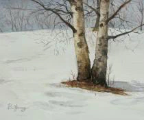 This watercolor painting by Ben Young depicts the textured trunks of twin birch or sycamore trees standing in a serene, snow-covered landscape under a soft grey sky.