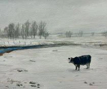 A lone cow stands as a quiet focal point in this atmospheric 7x5 watercolor by Ben Young, which uses a muted palette and soft, misty washes to capture the stillness of a snow-covered rural landscape.